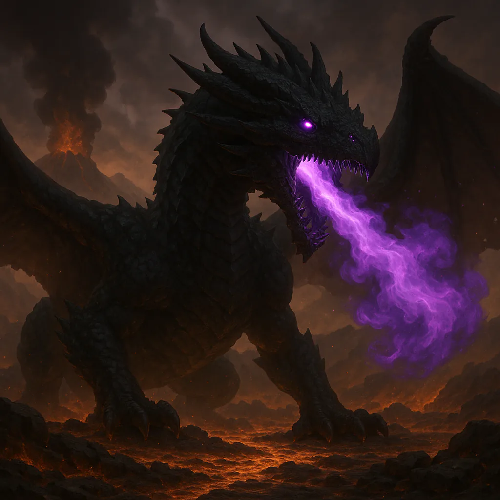 The Colossal Dragon breathing purple fire above a volcanic landscape